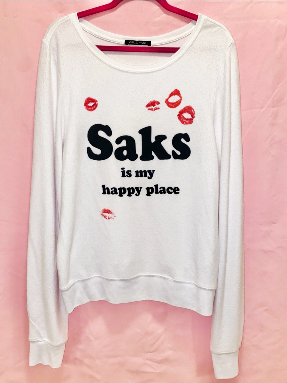 RARE Wildfox Couture Saks is my Happy Place White Sweater Red Lipstic Kiss Large